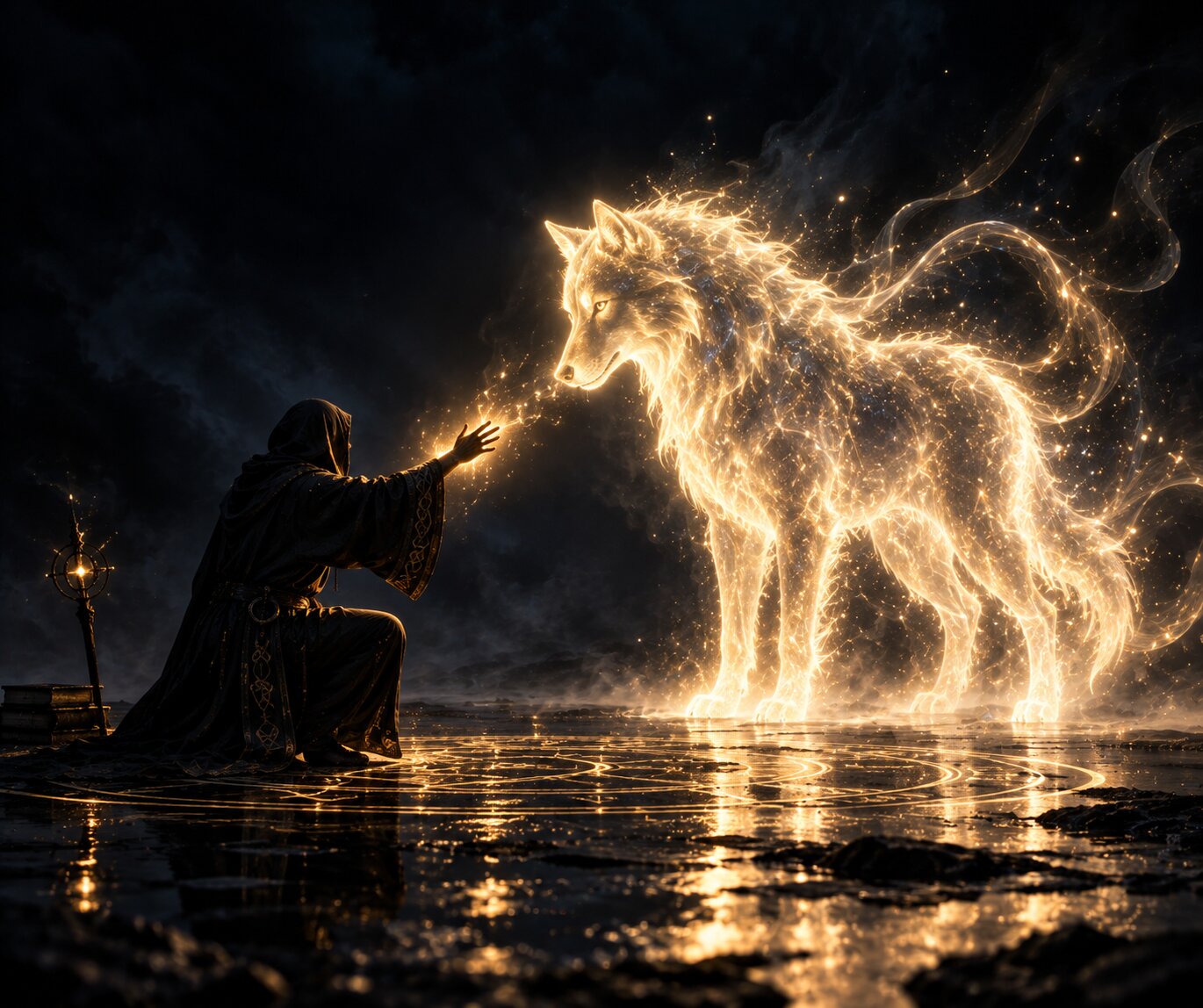 A creator conjuring a glowing creature out of the dark