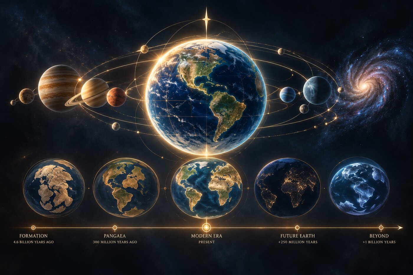 an intricate, glowing atlas - planets, continents, a timeline