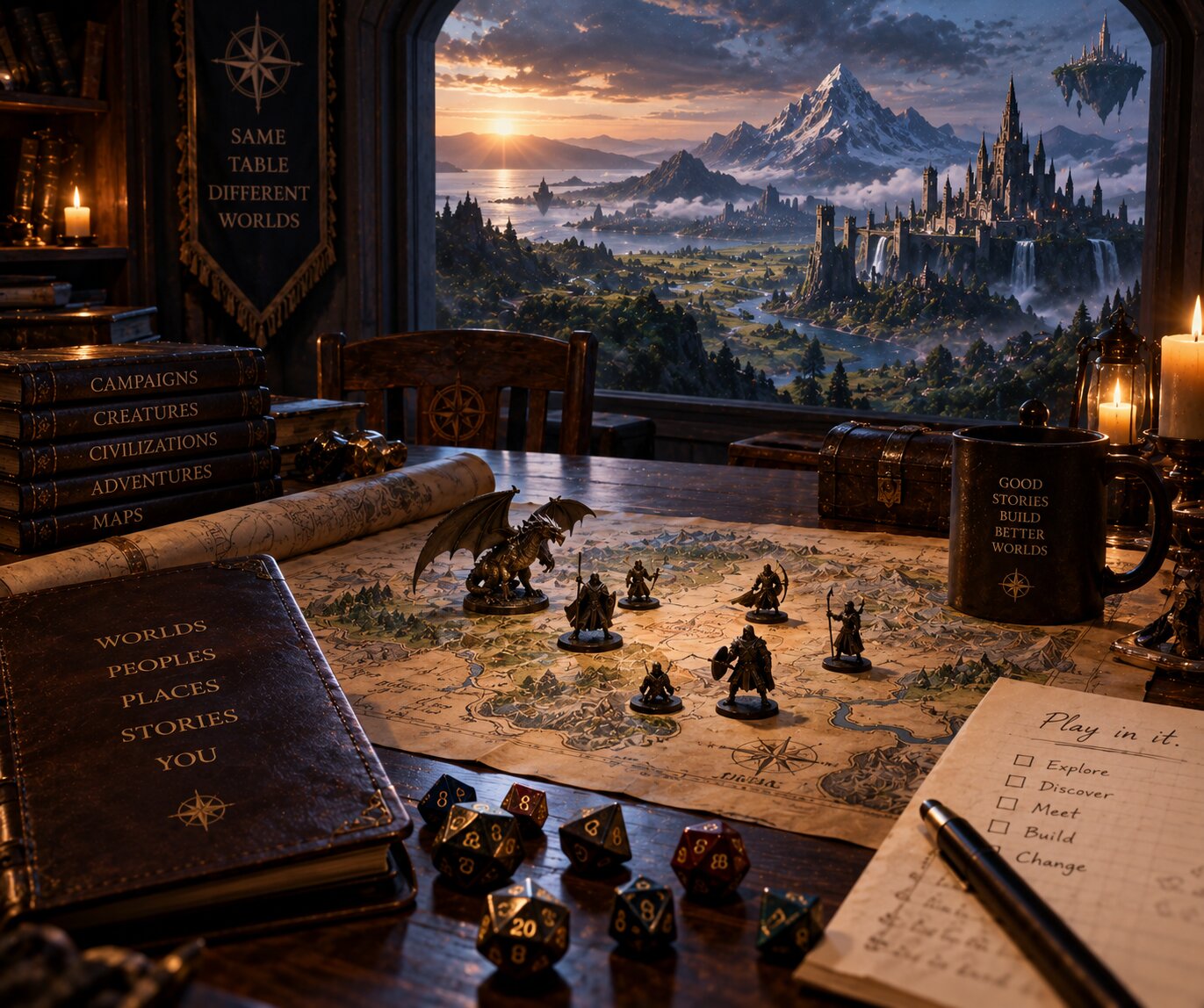a tabletop with tokens and dice, set inside your own world