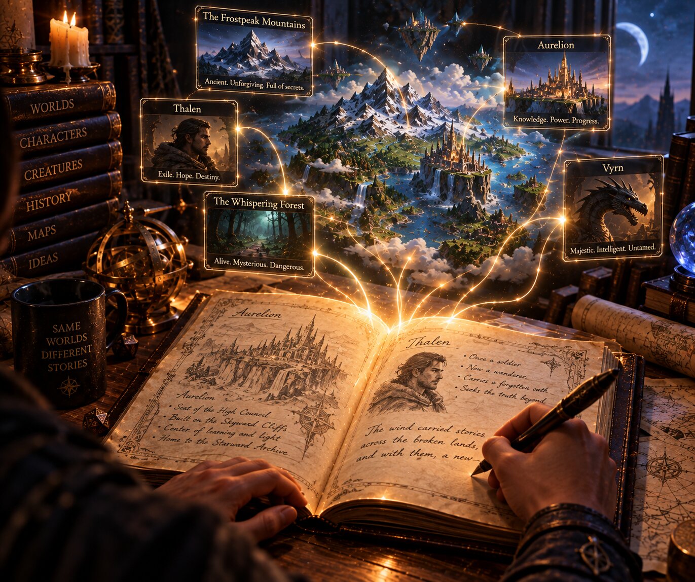 an open manuscript with glowing lines linking to the world