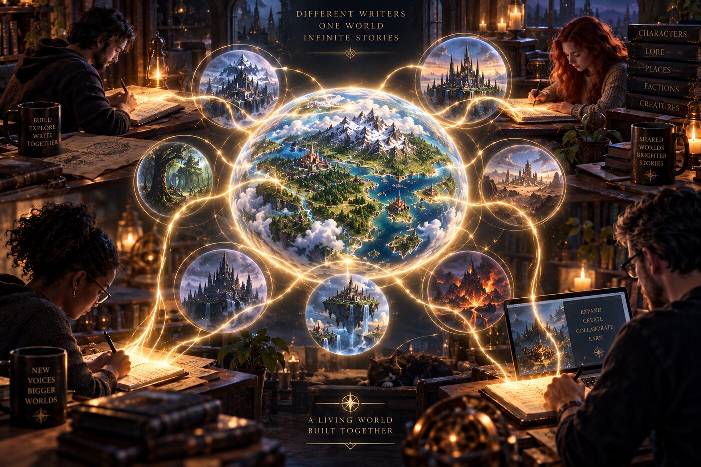 one world radiating outward to other writers